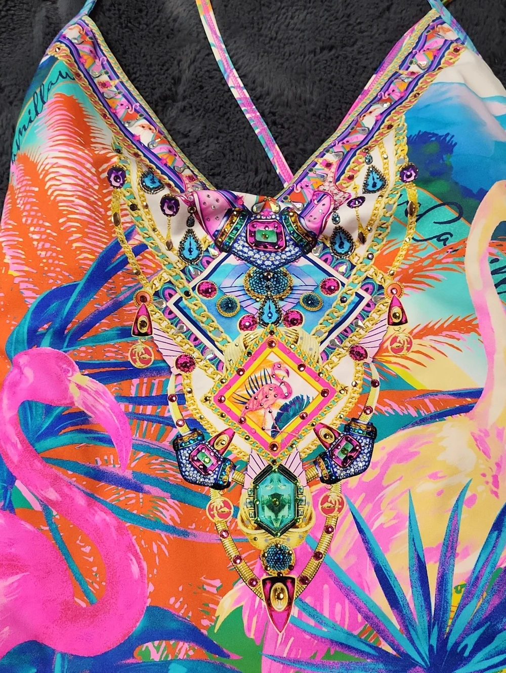 CAMILLA Flamenco Flamingo Crystal V Neck High Leg One Piece Swimsuit. Size M
